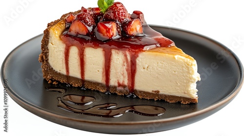 A slice of New Yorkstyle cheesecake with a drizzle of strawberry sauce photo