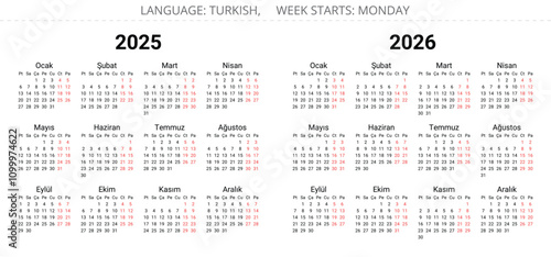 2025 and 2026 year turkish simple calendars. Printable vector illustration for Turkey