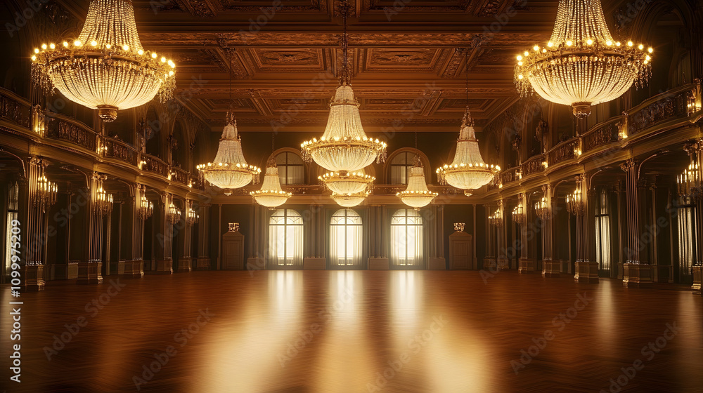 Obraz premium A grand ballroom with multiple chandeliers hanging from the high ceiling, illuminating the polished wooden floor.