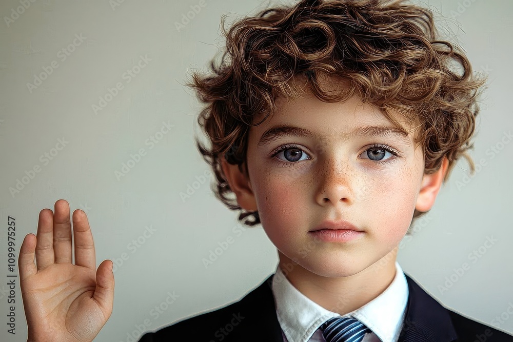 Little curly boy in an unbuttoned coat is holding up a hand, palm up ...
