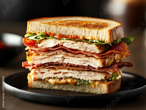 A towering club sandwich layered with turkey, bacon, lettuce, and tomato photo