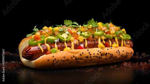 delicious hot dog, with ketchup and sausage, blackbackground photo