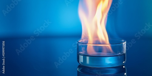 A Bunsen burner is essential in the lab for lighting gas, heating materials, boiling liquids, or burning substances. This image features a close up of a Bunsen burner set against a blue background. photo