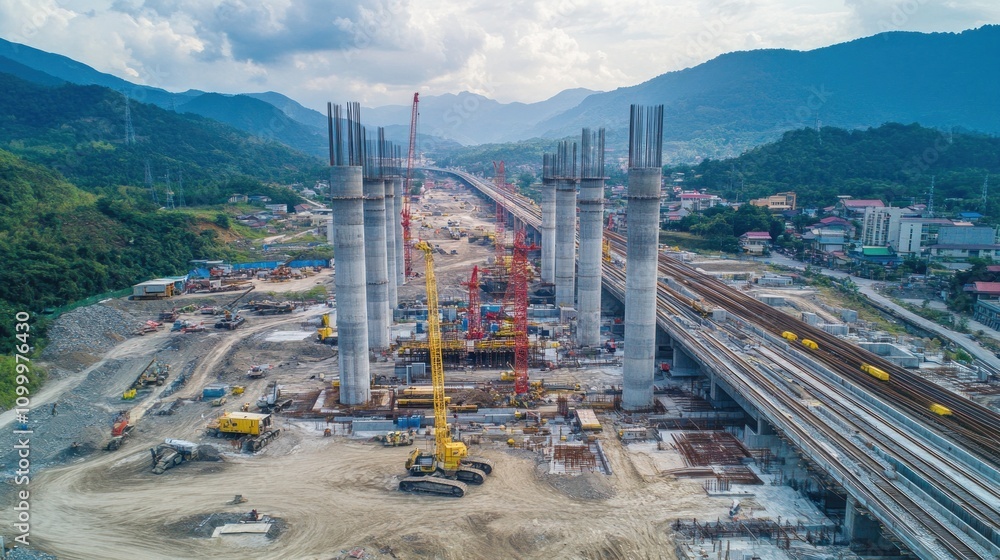 Fototapeta premium A large construction site with towering bridge pillars and machinery for the China high-speed railway from Bangkok to Nakhon Ratchasima