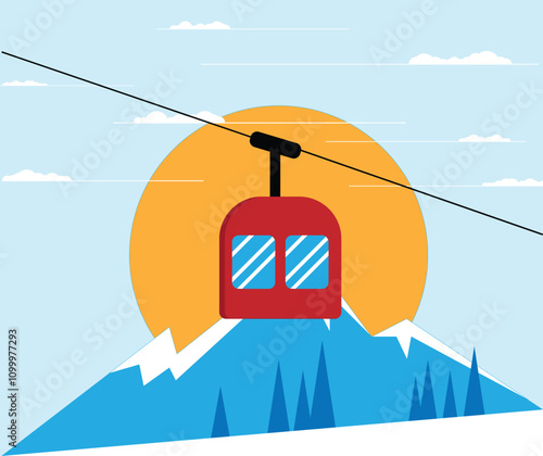 Cable Car Traveling through Mountains Flat Style. Landscapes and winter travel destinations vector art