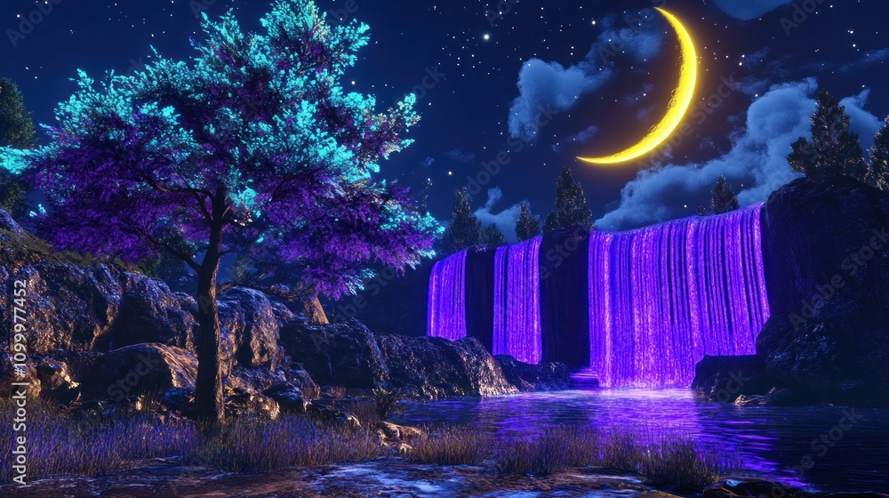 Obraz premium A magical landscape with a purple pine tree, its glowing blue and green leaves reflecting the white moonlight