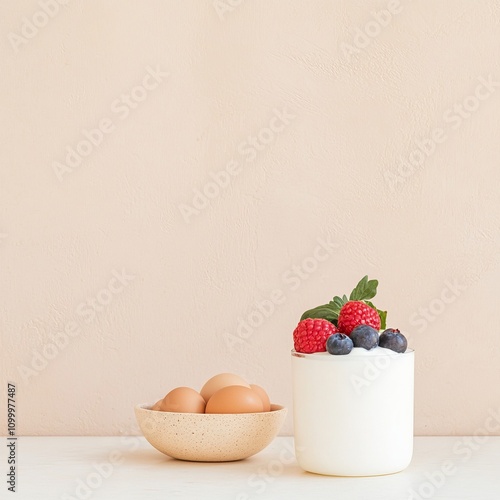 Healthy Breakfast with Yogurt and Berries and Eggs - Simple and Delicious photo