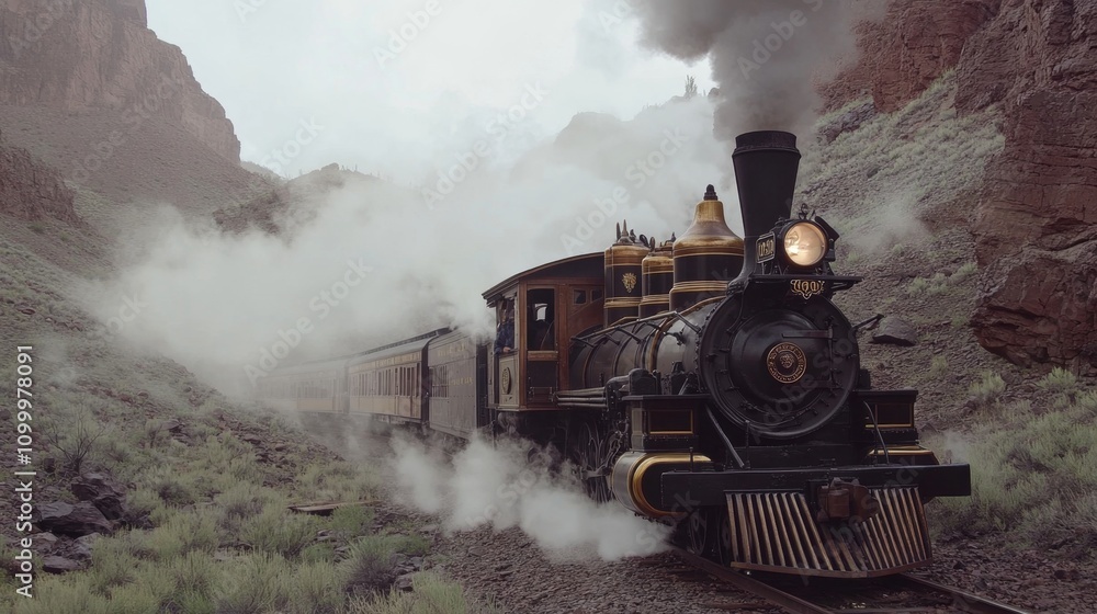 Naklejka premium Vintage Steam Train Through Mountainous Landscape