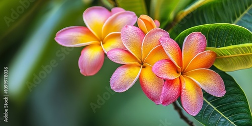 Tropical flower plumaria blossoms beautifully on a tree, showcasing the vibrant colors and unique characteristics of the tropical flower plumaria in its natural setting. photo