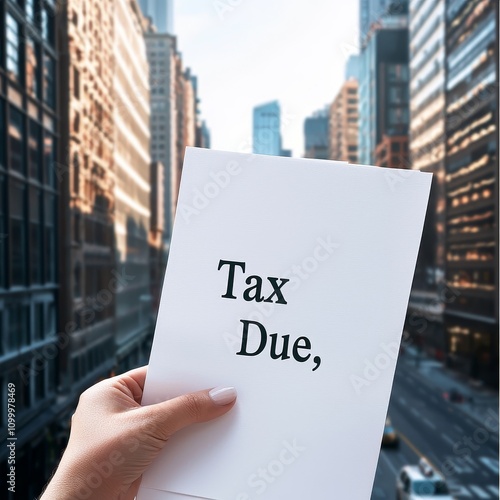 Wallpaper Mural tax levy. Hand holding a tax due notice with a city backdrop. Torontodigital.ca