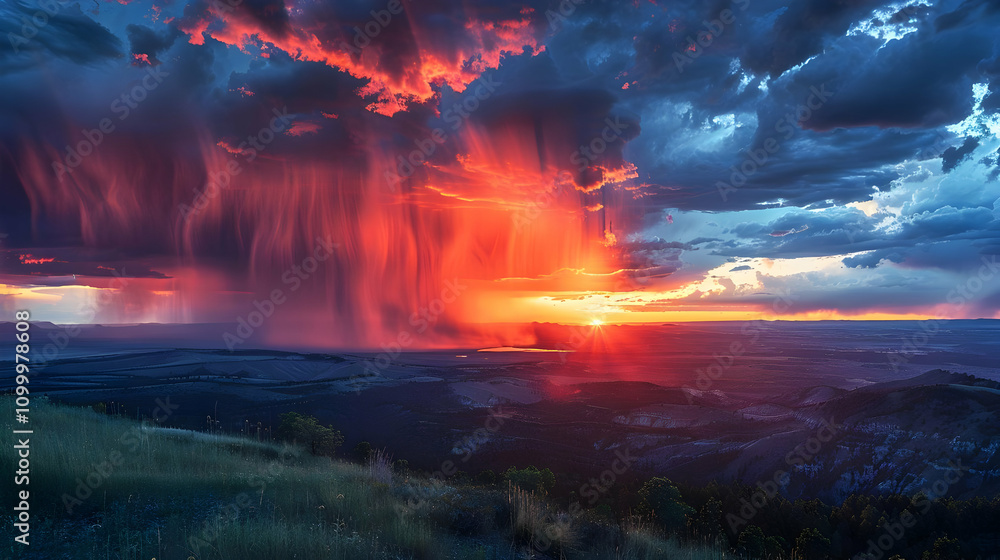 Fototapeta premium Fiery Sunset Landscape Illustration