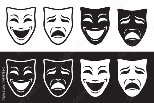 collection of comedy and tragedy theatrical masks isolated on white and black background