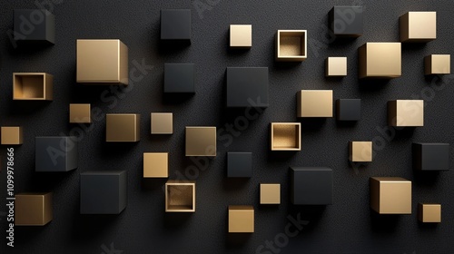 Elegant 3D Cubes and Squares in Gold and Matte Black, Casting Soft Shadows on a Dark Textured Background for Modern Luxury Branding photo