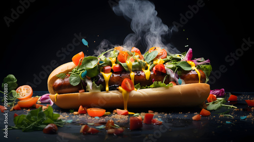 delicious hot dog, with ketchup and sausage, blackbackground photo