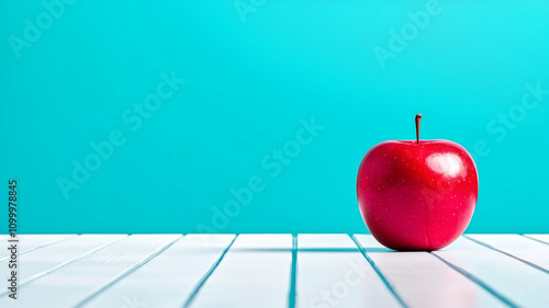 vibrant red apple sits on white wooden table against bright turquoise background, creating fresh and inviting atmosphere