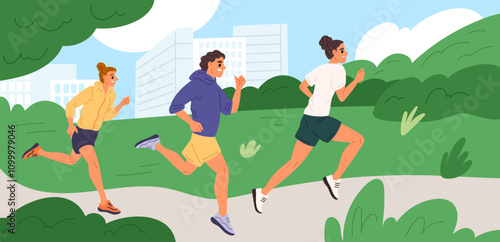 Runners compete in park. City park running workout. Athletes group train in nature. Outdoor exercises. Sport competition. Marathon jogging race. People training. Garish vector concept