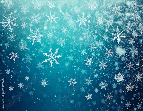 Beautiful falling snowflakes wallpaper. Winter dust ice particles. Snowfall weather white teal blue background. Snow hurricane scenery.Generative Ai.