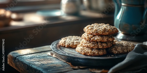 Delicious fresh oatmeal cookies displayed in a beautifully toned photo, showcasing the enticing texture and warmth of fresh oatmeal cookies in a charming setting. photo