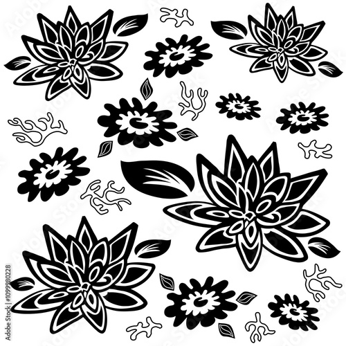 Fond Motif Fleurs, Feuillages et Nature - Vecteur Noir et Blanc