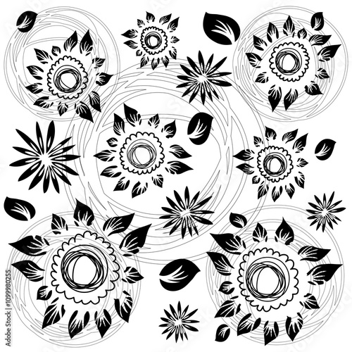 Fond Motif Fleurs, Feuillages et Nature - Vecteur Noir et Blanc