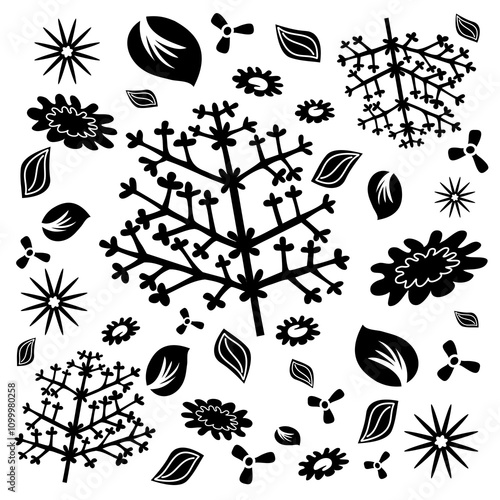 Fond Motif Fleurs, Feuillages et Nature - Vecteur Noir et Blanc