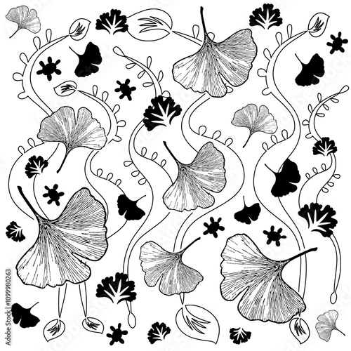 Fond Motif Fleurs, Feuillages et Nature - Vecteur Noir et Blanc
