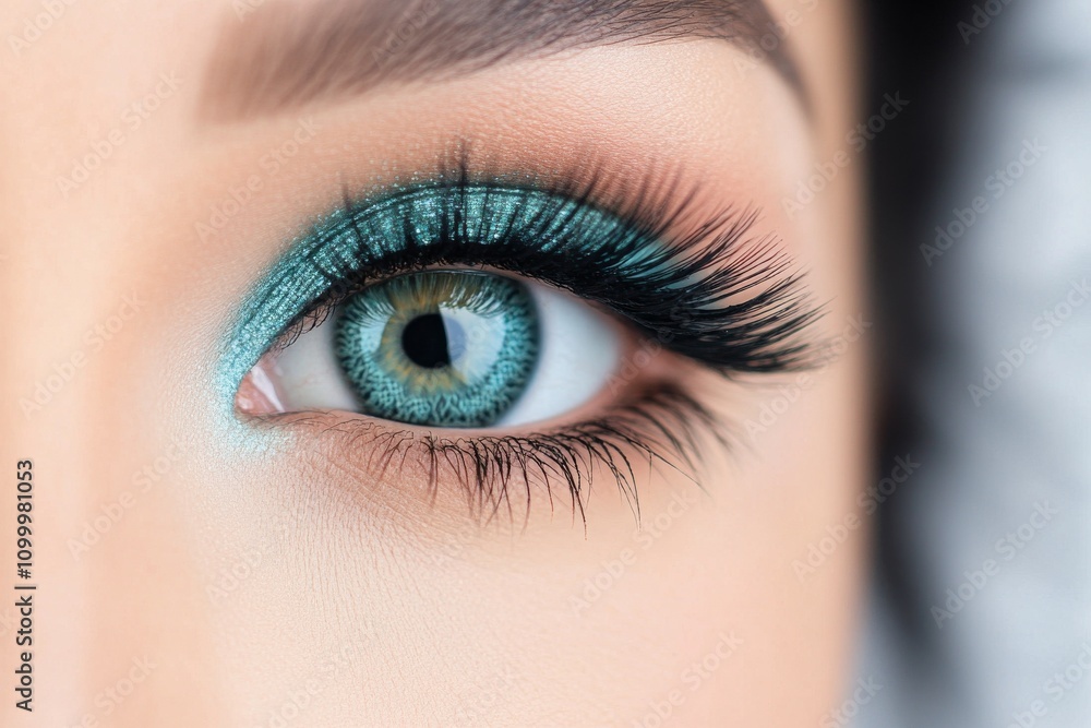 Naklejka premium A woman displays her eye with striking turquoise eyeshadow that enhances her natural features