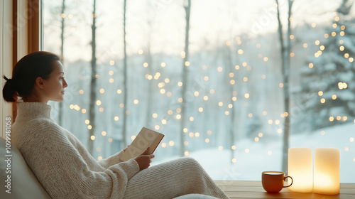 A serene winter scene with a woman in a cozy sweater reading by a window, overlooking a snowy forest illuminated by soft glowing lights. photo