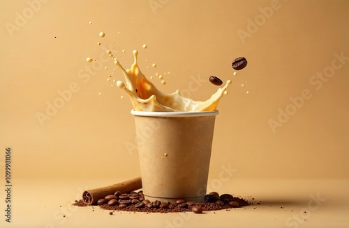 A splash of cappuccino in a brown paper cup on a beige background with cinnamon and coffee beans. The concept of selling coffee from a coffee machine