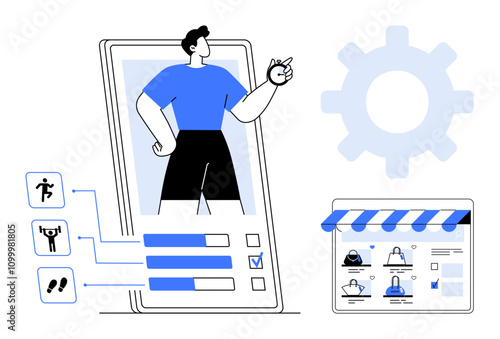 Fitness app user analyzing performance metrics, workout icons connected, options on screen, gear symbol, e-commerce interface. Ideal for fitness, technology, health, productivity e-commerce user