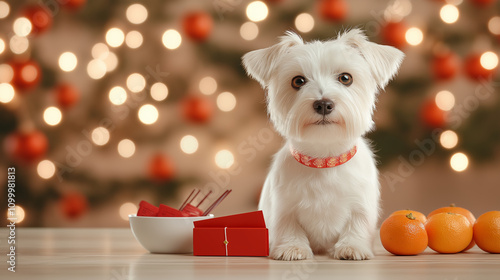 A cute white dog with a festive red collar sits beside red envelopes, oranges, and decorations, symbolizing joy and prosperity during a festive celebration.v photo