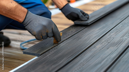 Wpc terrace construction - worker installing wood plastic composite decking boards photo