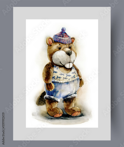 Plush toy in form of beaver in children clothing, with large front teeth on wall art. Watercolor artwork. Print with beaver toy made in vintage style, in frame with decor for poster
