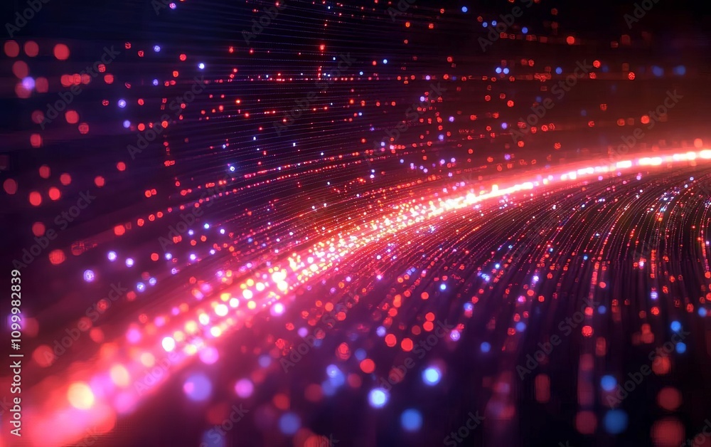 Fototapeta premium A vibrant display of glowing particles moving in a wave-like pattern, representing energy flow and digital innovation in a modern abstract style.