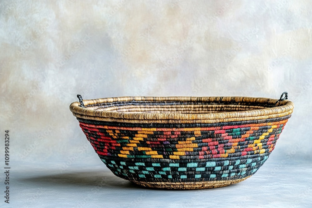Fototapeta premium Handwoven basket with colorful patterns on neutral background