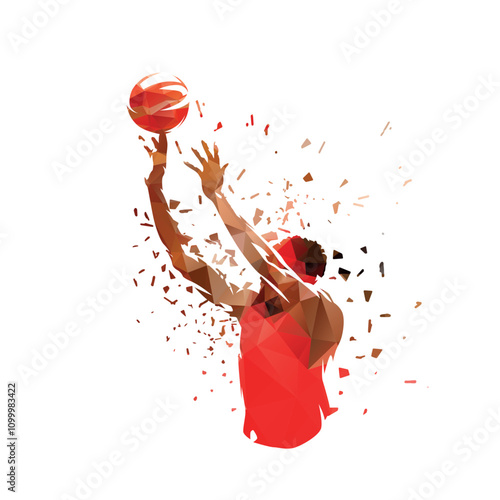 Basketball player shooting ball, jump shot. Abstract isolated low polygonal vector illustration, geometric drawing. Team sport athlete