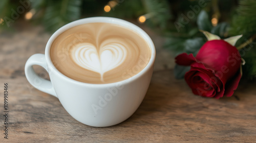 A cozy scene featuring a heart-shaped latte art in a white cup, with a single red rose next to it, perfect for a romantic moment. photo