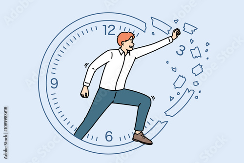 Business man is engaged in time management, breaking clock to increase productivity and complete task efficiently. Concept of importance of time management for accelerating career growth