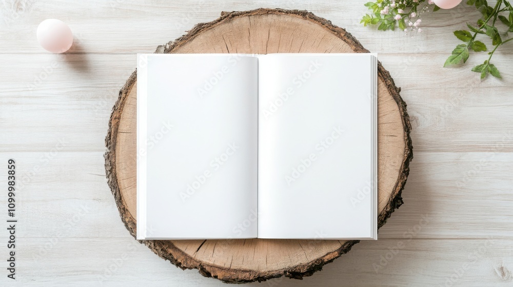 Fototapeta premium Aerial view of an open blank white magazine, tree stump in a forest with sunlight through it and fairy lights behind it, blank white book