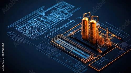 Modular chemical processing unit, advanced engineering blueprint, 3D illustration