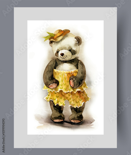 Plush panda doll in fashionable hat and women dress on wall art. Watercolor artwork. Print with cute children panda toy for kindergarten or home collection, in frame with decor for poster