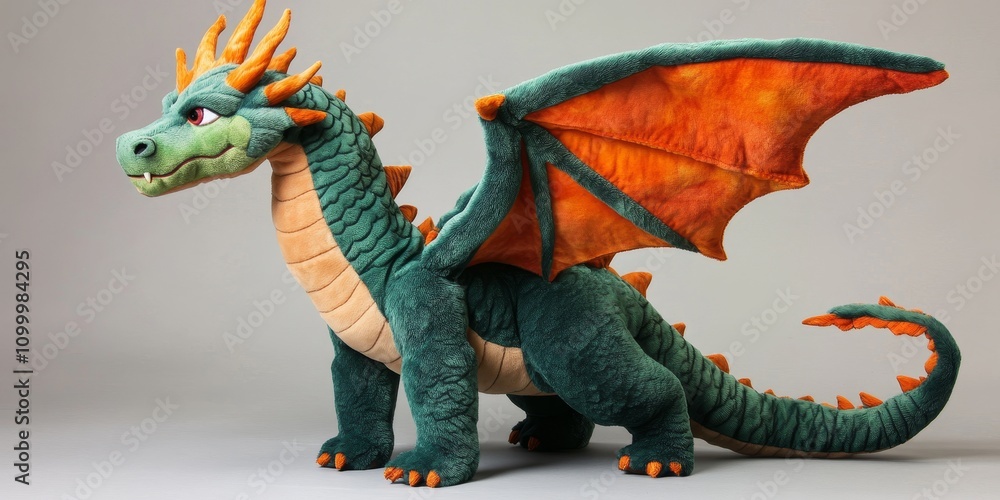 Fototapeta premium Imposing and fearsome stuffed dragon figure designed to captivate and intrigue, this big stuffed dragon showcases a vivid imagination and playful spirit, perfect for collectors and enthusiasts of