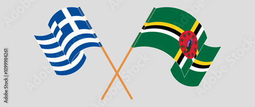 Crossed and waving flags of Greece and Dominica. Vector illustration