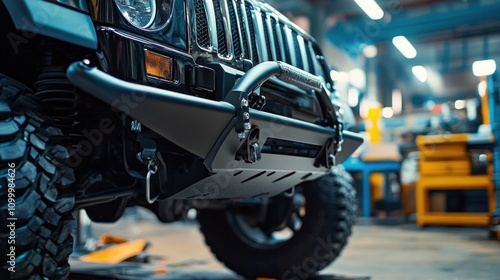 A reinforced bumper, black grille, and metal side steps installed on an SUV in a workshop, ready for off-road adventures. The strong, rugged parts add durability and style to the vehicle. photo