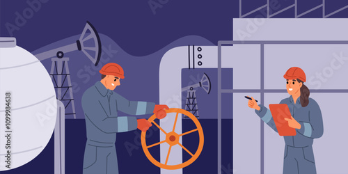 Oil industry workers. People turn petrol pipeline valve. Steel construction. Combustible products transportation. Oilman works at derrick. Petrochemical manufacturing. Garish vector concept