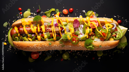 delicious hot dog, with ketchup and sausage, blackbackground photo