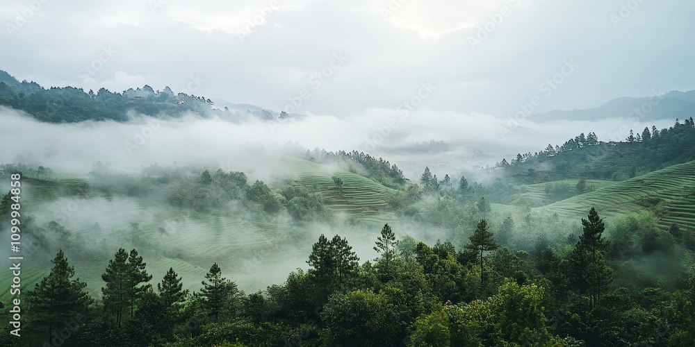 Fototapeta premium Blurry and grainy photo features a cloudy white sky, thick fog, and a view of vegetable fields on hills. The scene captures the essence of foggy hills and low light, showcasing pine trees typical of
