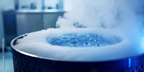 Close up of a tank containing liquid nitrogen, utilized for storing embryos in IVF procedures at a clinic, highlighting the importance of liquid nitrogen in embryo preservation. photo