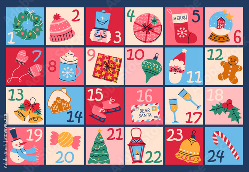 Xmas advent calendar template. Countdown to Christmas with numbers. Cute winter illustration for card, poster, kid room decor, nursery art.