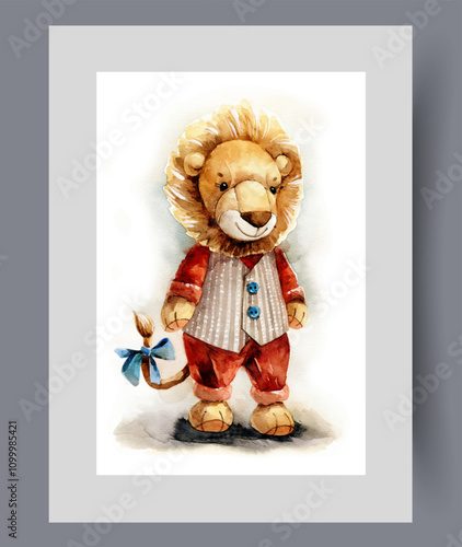 Children toy lion made of plush, dressed in beautiful suit on wall art. Watercolor artwork. Print with puppet lion with bow on tail and lush mane on head, in frame with decor for poster